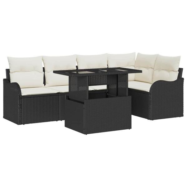 6-teiliges Garten Sofa Set mit Kissen Schwarzes Poly Rattan, 2-Sitzer Garten Sofa mit Kissen Schwarzes Poly Rattan