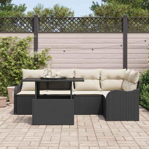 6-teiliges Garten Sofa Set mit Kissen Schwarzes Poly Rattan, 2-Sitzer Garten Sofa mit Kissen Schwarzes Poly Rattan