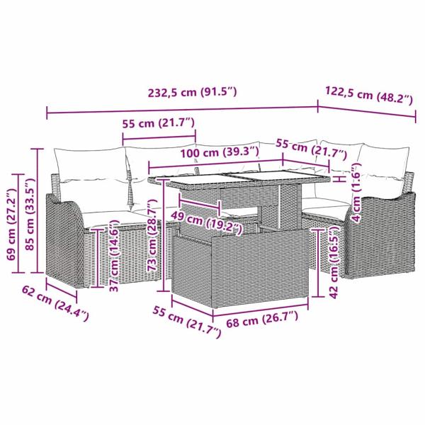 6-teiliges Garten Sofa Set mit Kissen Grau Poly Rattan, 2-Sitzer Garten Sofa mit Kissen Grau Poly Rattan