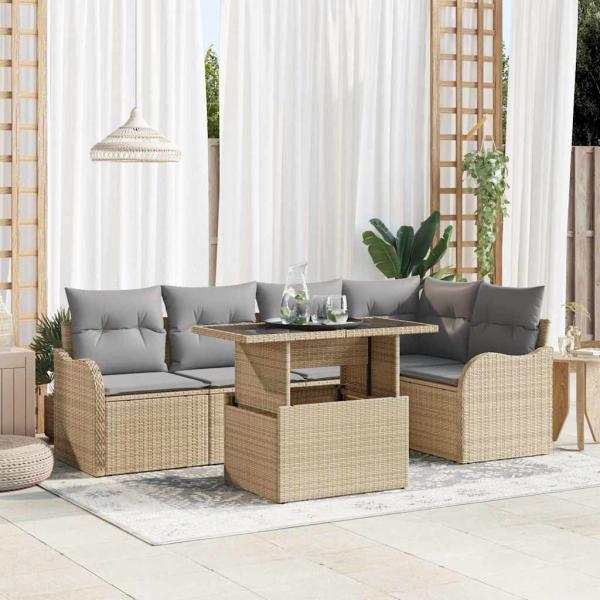 ARDEBO.de - 6-teiliges Garten Sofa Set mit Kissen Beige Poly Rattan, 2-Sitzer Garten Sofa mit Kissen Beige Poly Rattan