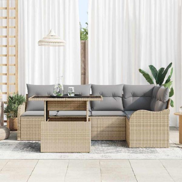 6-teiliges Garten Sofa Set mit Kissen Beige Poly Rattan, 2-Sitzer Garten Sofa mit Kissen Beige Poly Rattan