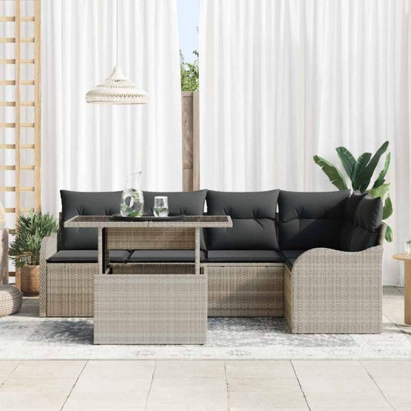 6-teiliges Garten Sofa Set mit Kissen Hellgraues Poly Rattan, 2-Sitzer Garten Sofa mit Kissen Hellgraues Poly Rattan