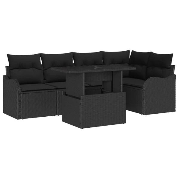 6-teiliges Garten Sofa Set mit Kissen Schwarz Poly Rattan, 2-Sitzer Garten Sofa mit Kissen Schwarz Poly Rattan