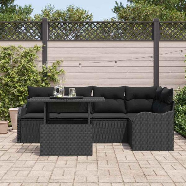 6-teiliges Garten Sofa Set mit Kissen Schwarz Poly Rattan, 2-Sitzer Garten Sofa mit Kissen Schwarz Poly Rattan