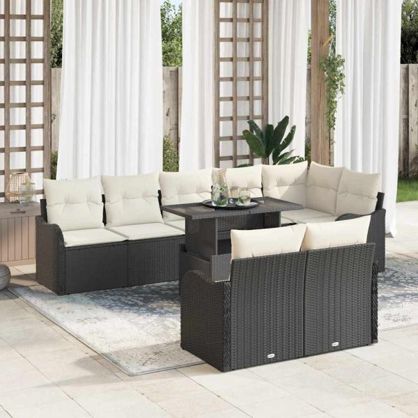 ARDEBO.de - 9-teiliges Garten Sofa Set mit Kissen Schwarz Poly Rattan, 2-Sitzer Garten Sofa mit Kissen Schwarz Poly Rattan