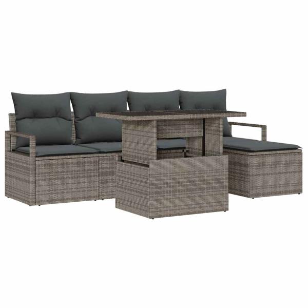 6-teiliges Garten Sofa Set mit Kissen Graues Poly Rattan, 2-Sitzer Garten Sofa mit Kissen Graues Poly Rattan