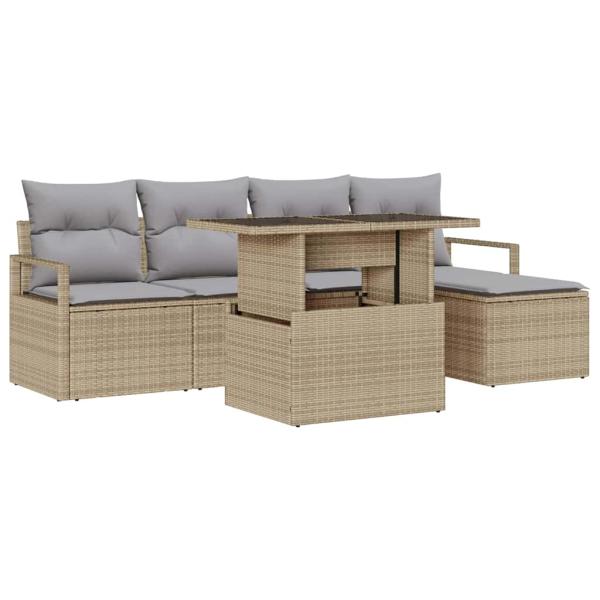 6-teiliges Garten-Sofa-Set mit Kissen Beige Poly Rattan, 2-Sitzer Garten-Sofa mit Kissen Beige Poly Rattan
