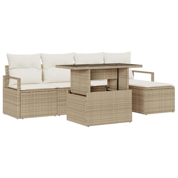 6-teiliges Garten-Sofa-Set mit Kissen Beige Poly Rattan, 2-Sitzer Garten-Sofa mit Kissen Beige Poly Rattan