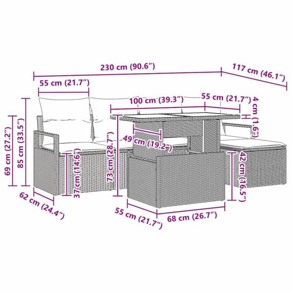 6-teiliges Garten Sofa Set mit Kissen Hellgrau Poly Rattan, 2-Sitzer Garten Sofa mit Kissen Grau Poly Rattan