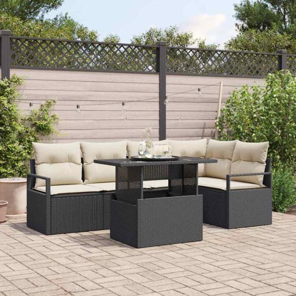 ARDEBO.de - 6-teiliges Garten Sofa Set mit Kissen Schwarz Poly Rattan, 2-Sitzer Garten Sofa mit Kissen Schwarz Poly Rattan