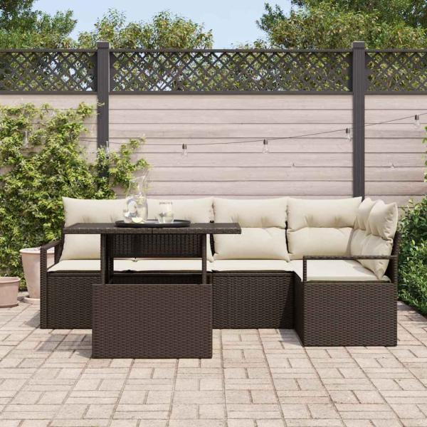 6-teiliges Garten Sofa Set mit Kissen Braun Poly Rattan, 2-Sitzer Garten Sofa mit Kissen Braun Poly Rattan