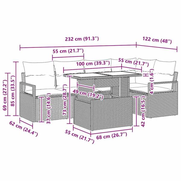 6-teiliges Garten Sofaset mit Kissen Grau Poly Rattan, 2-Sitzer Garten Sofa mit Kissen Grau Poly Rattan
