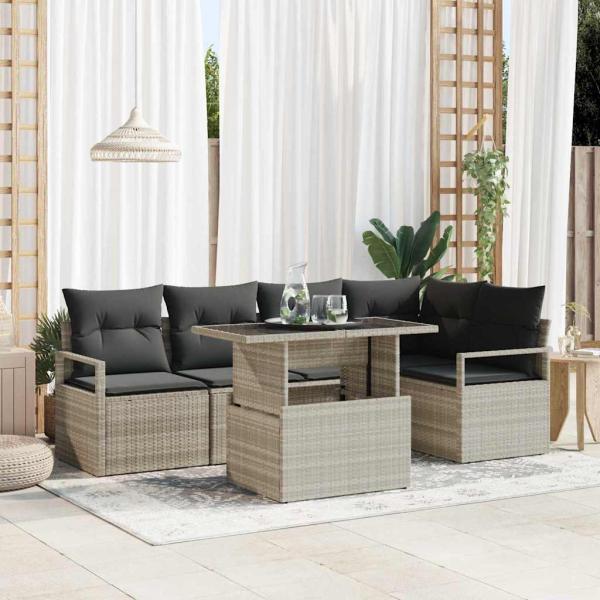 ARDEBO.de - 6-teiliges Garten Sofa Set mit Kissen Hellgrau Poly Rattan, 2-Sitzer Garten Sofa mit Kissen Grau Poly Rattan