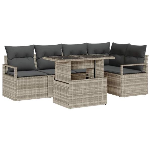 6-teiliges Garten Sofa Set mit Kissen Hellgrau Poly Rattan, 2-Sitzer Garten Sofa mit Kissen Grau Poly Rattan