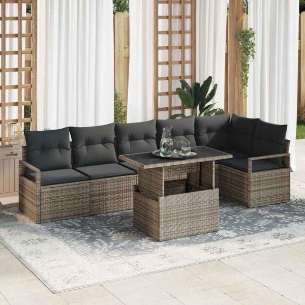 ARDEBO.de - 7-teilige Garten Sofa Set mit Kissen Grau Poly Rattan, 2-Sitzer Garten Sofa mit Kissen Grau Poly Rattan