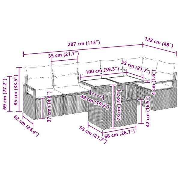 7-teilige Garten Sofaset mit Kissen Hellgrau Poly Rattan, 2-Sitzer Garten Sofa mit Kissen Grau Poly Rattan