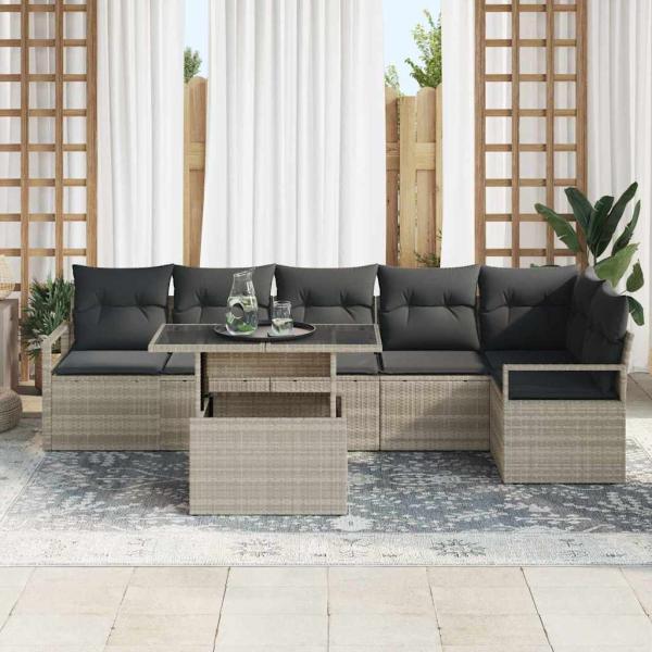 7-teilige Garten Sofaset mit Kissen Hellgrau Poly Rattan, 2-Sitzer Garten Sofa mit Kissen Grau Poly Rattan