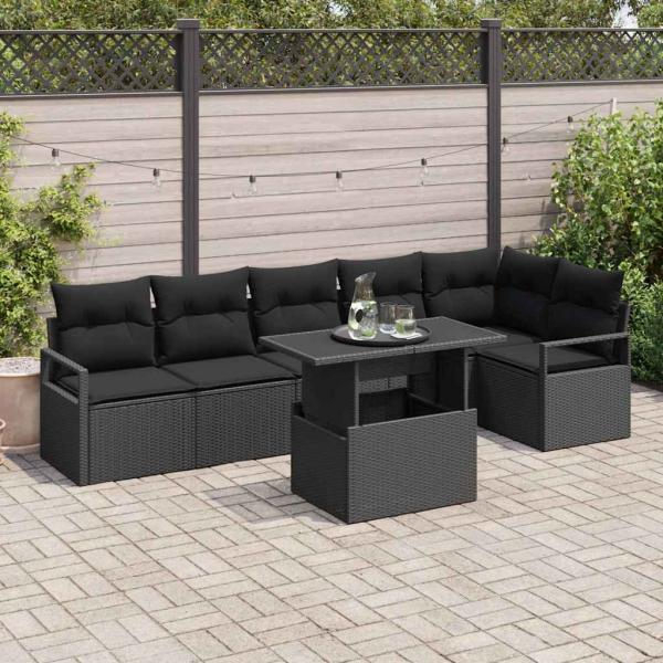 ARDEBO.de - 7-teilige Garten Sofa Set mit Kissen Schwarz Poly Rattan, 2-Sitzer Garten Sofa mit Kissen Schwarz Poly Rattan