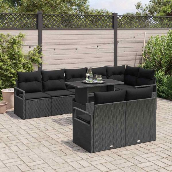 9-teiliges Garten Sofa Set mit Kissen Schwarz Poly Rattan, 2-Sitzer Garten Sofa mit Kissen Schwarz Poly Rattan