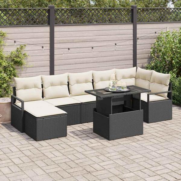 ARDEBO.de - 8-teiliges Garten Sofa Set mit Kissen in Schwarz, Poly Rattan, 2-Sitzer Garten Sofa mit Kissen in Schwarz, Poly Rattan