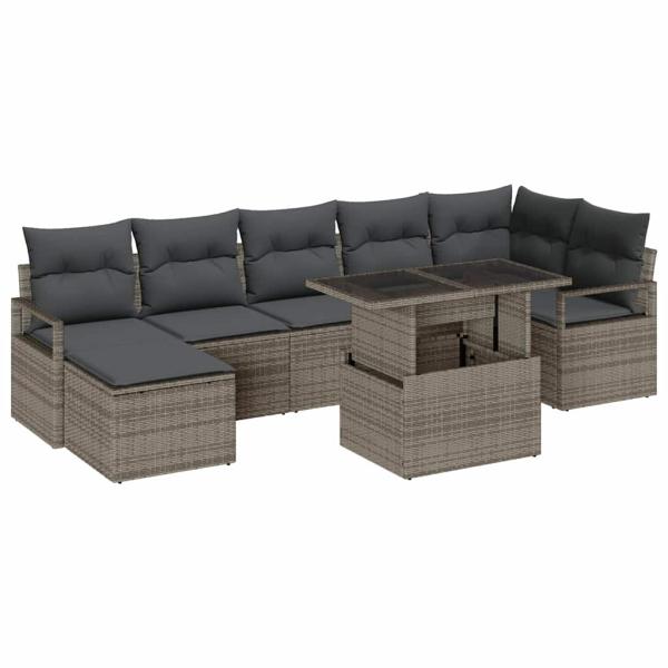 8-teiliges Garten-Sofa-Set mit Kissen Grau Poly Rattan, 2-Sitzer Garten Sofa mit Kissen Grau Poly Rattan