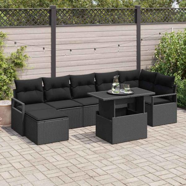 ARDEBO.de - 8-teilige Garten Sofa Set mit Kissen Schwarz Poly Rattan, 2-Sitzer Garten Sofa mit Kissen Schwarz Poly Rattan
