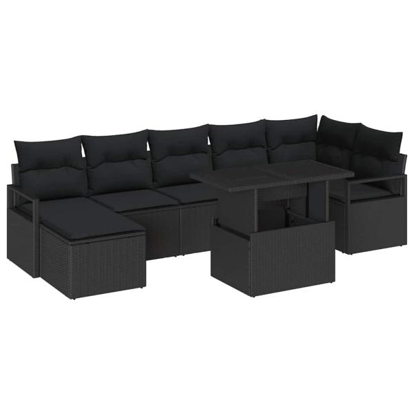 8-teilige Garten Sofa Set mit Kissen Schwarz Poly Rattan, 2-Sitzer Garten Sofa mit Kissen Schwarz Poly Rattan