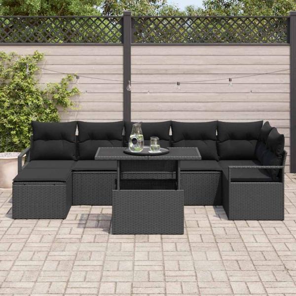 8-teilige Garten Sofa Set mit Kissen Schwarz Poly Rattan, 2-Sitzer Garten Sofa mit Kissen Schwarz Poly Rattan