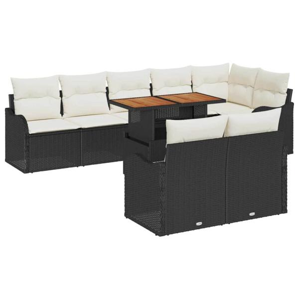 9-teiliges Garten-Sofa mit Kissen Schwarz Poly-Rattan Akazie, 2-Sitzer Garten-Sofa mit Kissen Schwarz Poly-Rattan
