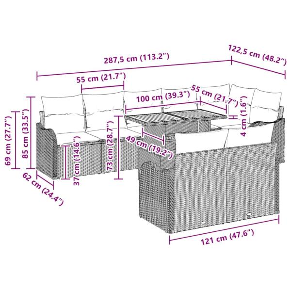 9-teiliges Garten-Sofa-Set mit Kissen Grau Poly Rattan Akazie, 2-Sitzer Garten-Sofa mit Kissen Grau Poly Rattan