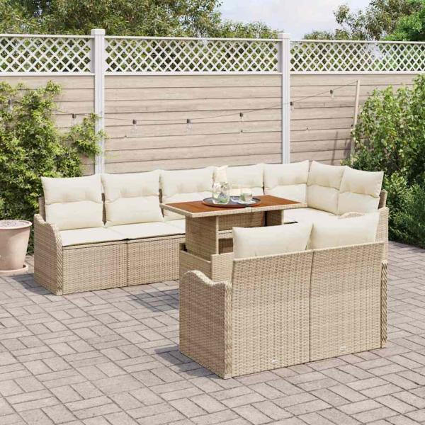 9-teiliges Garten-Sofaset mit Kissen Beige Poly Rattan Akazie, 2-Sitzer Garten-Sofa mit Kissen Beige Poly Rattan