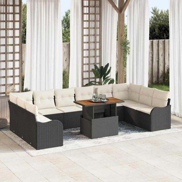 ARDEBO.de - 11-teiliges Garten-Sofa-Set mit Kissen Schwarz Poly-Rattan Akazie, 2-Sitzer Garten-Sofa mit Kissen Schwarz Poly-Rattan