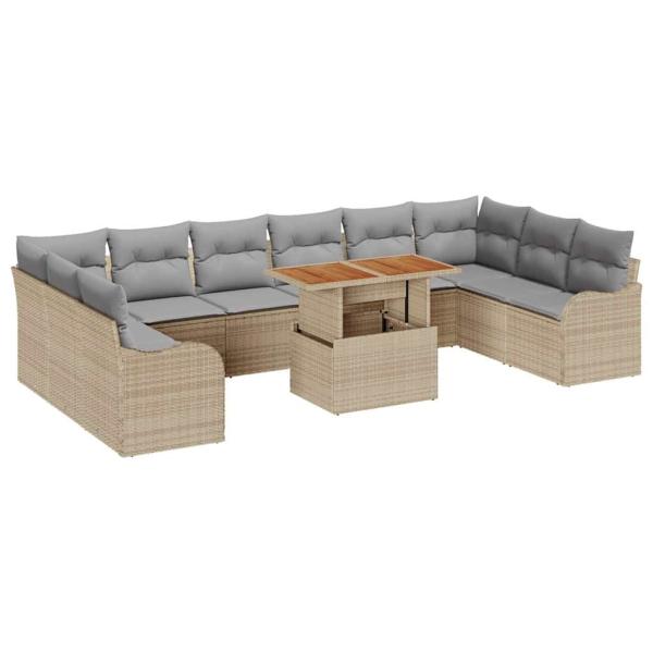 11-teiliges Garten Sofa Set mit Kissen Beige Poly Rattan Akazie, 2-Sitzer Garten Sofa mit Kissen Beige Poly Rattan