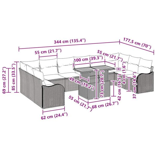 11-teiliges Garten Sofa Set mit Kissen Beige Poly Rattan Akazie, 2-Sitzer Garten Sofa mit Kissen Beige Poly Rattan