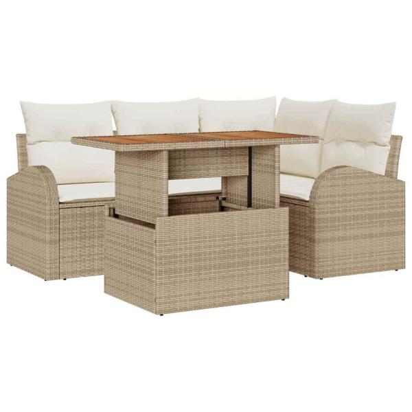 5-teilige Garten-Dining-Set mit Kissen Beige Poly Rattan Akazie