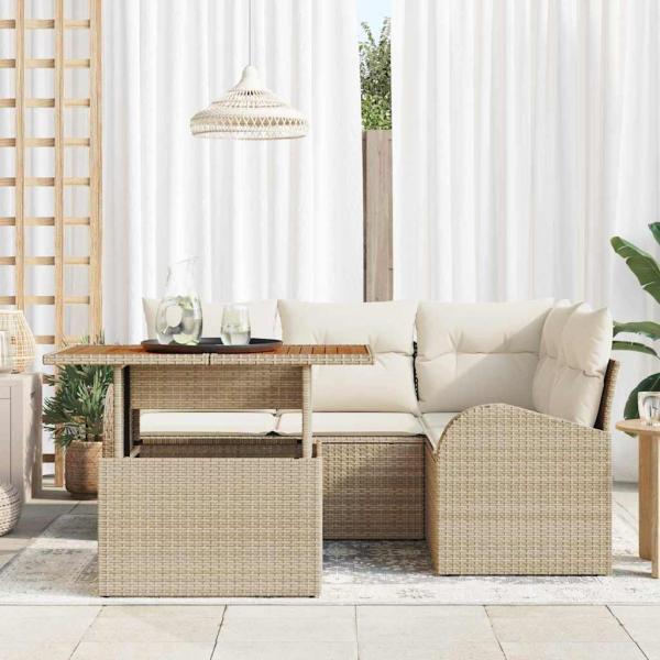 5-teilige Garten-Dining-Set mit Kissen Beige Poly Rattan Akazie