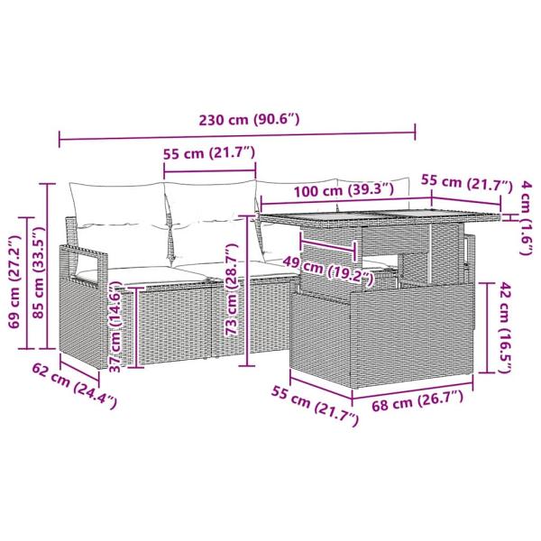 5-teiliges Garten-Sofa-Set mit Kissen Beige Poly-Rattan Akazie, 2-Sitzer-Garten-Sofa mit Kissen Beige Poly-Rattan