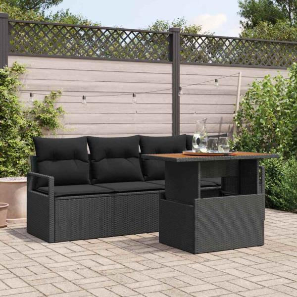 ARDEBO.de - 5-teiliges Garten-Sofa-Set mit Kissen Schwarz Poly Rattan Akazie, 2-Sitzer Garten-Sofa mit Kissen Schwarz Poly Rattan