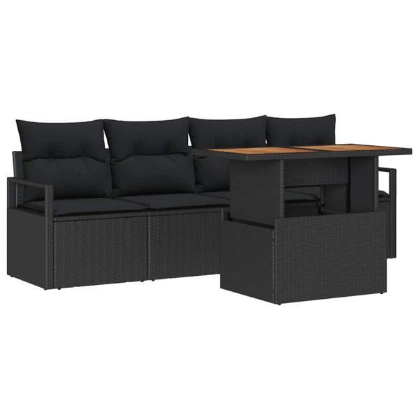 5-teiliges Garten-Sofa-Set mit Kissen Schwarz Poly Rattan Akazie, 2-Sitzer Garten-Sofa mit Kissen Schwarz Poly Rattan