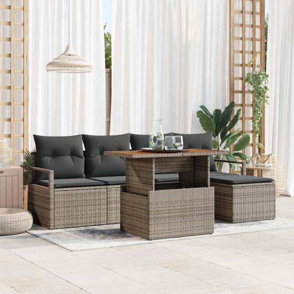 ARDEBO.de - 6-teiliges Garten Sofa Set mit Kissen Grau Poly Rattan Akazie, 2-Sitzer Garten Sofa mit Kissen Grau Poly Rattan