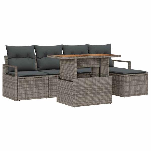 6-teiliges Garten Sofa Set mit Kissen Grau Poly Rattan Akazie, 2-Sitzer Garten Sofa mit Kissen Grau Poly Rattan