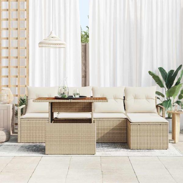 6-teiliges Garten Sofa Set mit Kissen Beige Poly Rattan Akazie, 2-Sitzer Garten Sofa mit Kissen Beige Poly Rattan