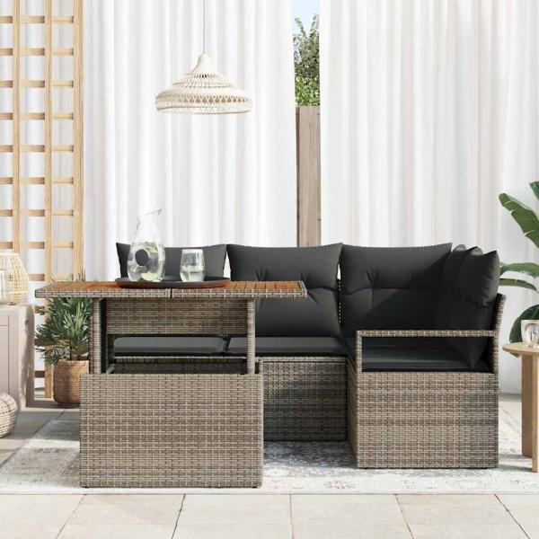 5-teiliges Garten Sofaset mit Kissen Grau Poly Rattan Akazie, 2-Sitzer Garten Sofa mit Kissen Grau Poly Rattan