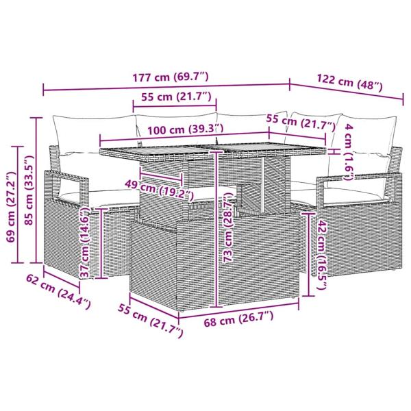 5-teilige Garten Sofaset mit Kissen Beige Poly Rattan Akazie, 2-Sitzer Garten Sofa mit Kissen Beige Poly Rattan
