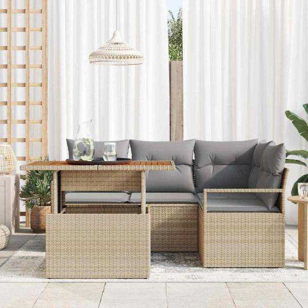 5-teilige Garten Sofaset mit Kissen Beige Poly Rattan Akazie, 2-Sitzer Garten Sofa mit Kissen Beige Poly Rattan
