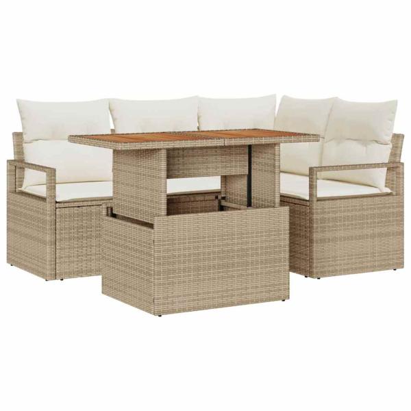 5-teiliges Garten Sofa Set mit Kissen Beige Poly Rattan Akazie, 2-Sitzer Garten Sofa mit Kissen Beige Poly Rattan