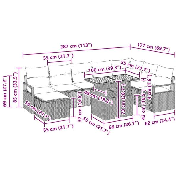 9-teiliges Garten Sofa Set mit Kissen Grau Poly Rattan Akazie, 2-Sitzer Garten Sofa mit Kissen Grau Poly Rattan