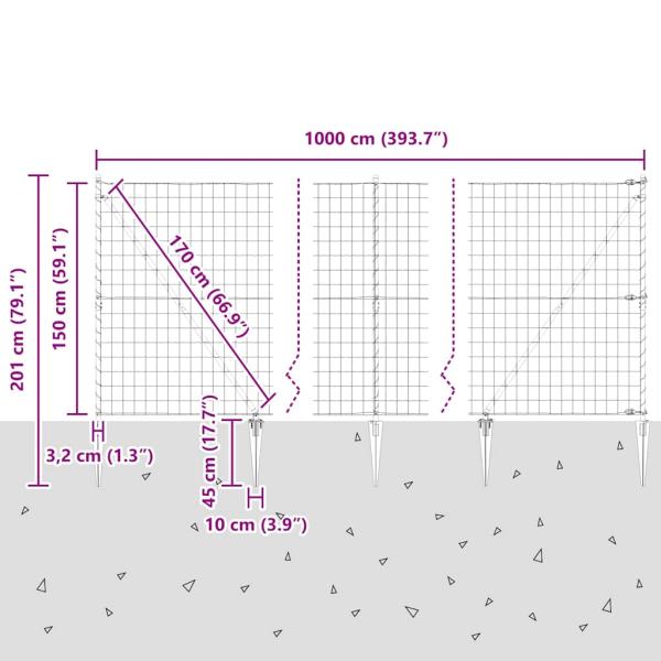 Euro Zaun mit 7 Spike-Pfosten 1.5x10 m verzinkter Stahl grau
