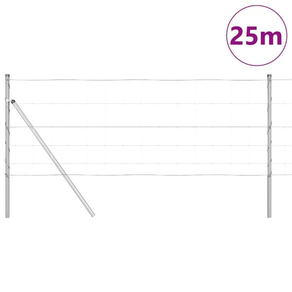 Feldzaun 0.8x25 m galvanisierter Stahl, Zaunpfosten 13 Stück Ø32 mm 120 cm galvanisierter Stahl