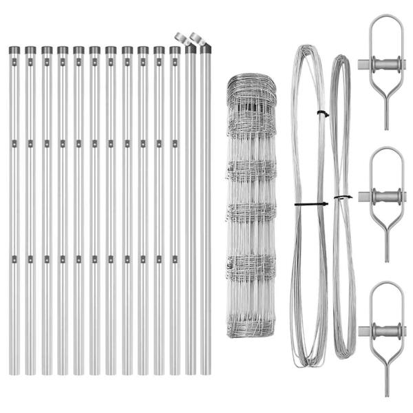 Feldzaun 0.8x25 m galvanisierter Stahl, Zaunpfosten 13 Stück Ø32 mm 120 cm galvanisierter Stahl